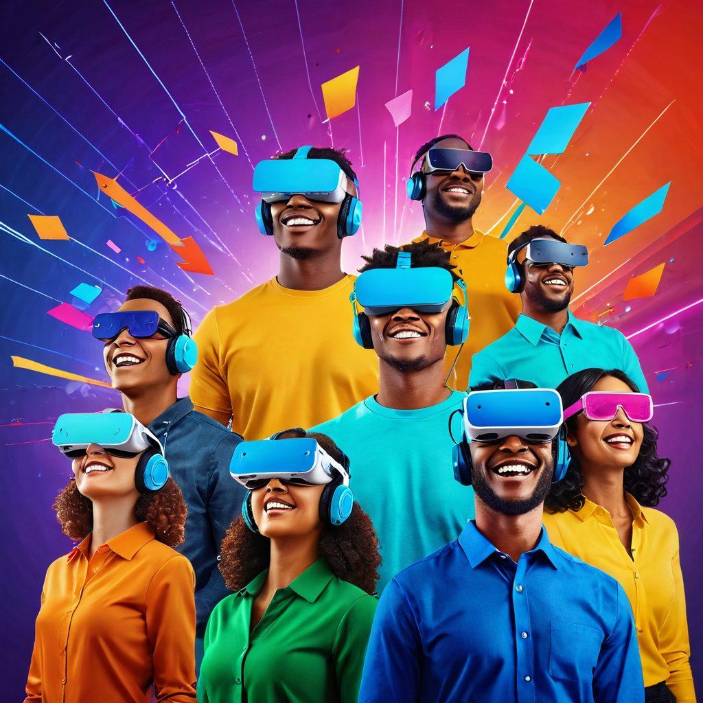 A dynamic scene showcasing diverse individuals engaging with various customer service technologies, like chatbots, VR headsets, and mobile apps, all radiating energy and enthusiasm. Vibrant colors symbolize passion, with sparks flying around as they interact with each other, creating a lively atmosphere. The background features abstract representations of success, like upward arrows and graphs. super-realistic. vibrant colors. high-energy composition.