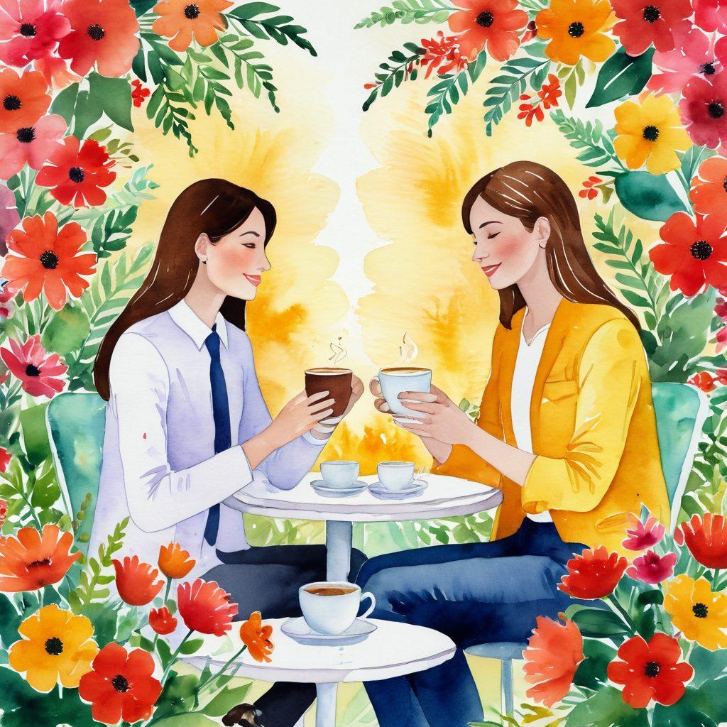 A warm, inviting scene of two professionals engaging in a friendly conversation over coffee, surrounded by vibrant flowers symbolizing growth and connection. Incorporate heart motifs subtly in the background to represent passion and affection, with soft lighting that enhances the sense of warmth. Include diverse individuals to emphasize inclusivity. watercolor style. vibrant colors. soft focus.