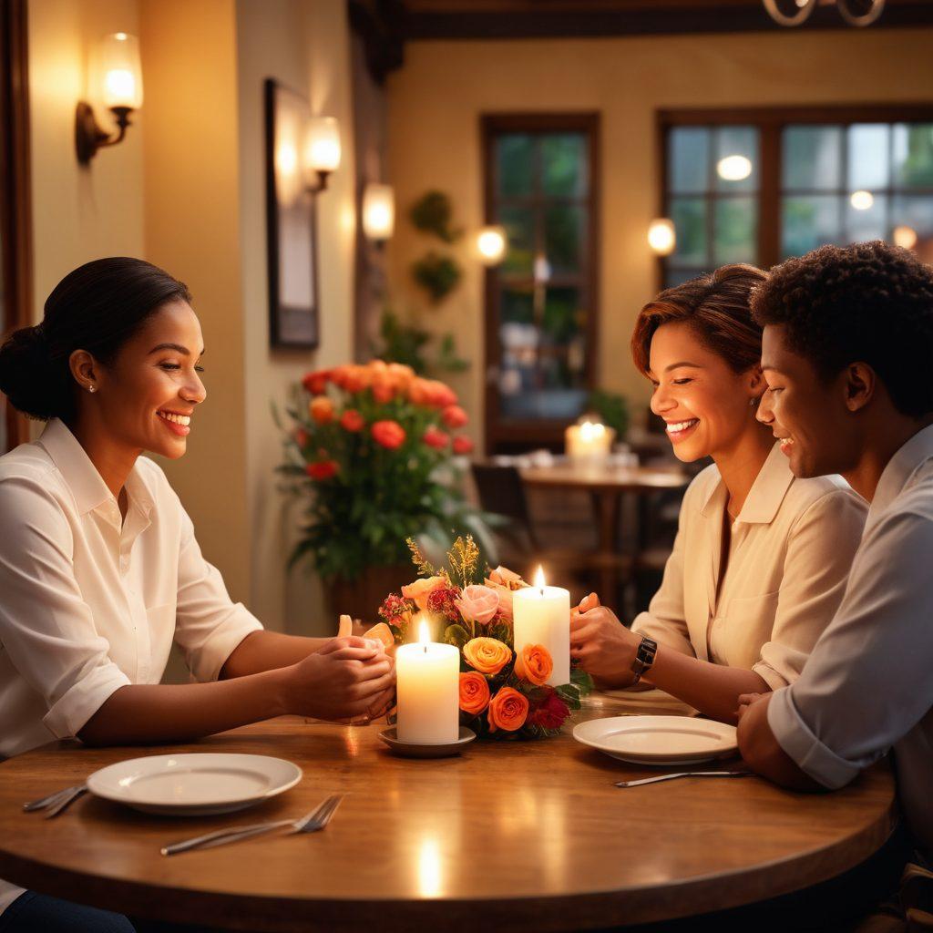 A heartwarming scene depicting a diverse group of service professionals engaging warmly with clients, showcasing gestures of kindness and connection. Include elements like a beautifully laid table with romantic candles, vibrant flowers, and heartfelt conversations. The background should feature a cozy café setting that evokes a sense of intimacy and warmth. super-realistic. vibrant colors. soft lighting.